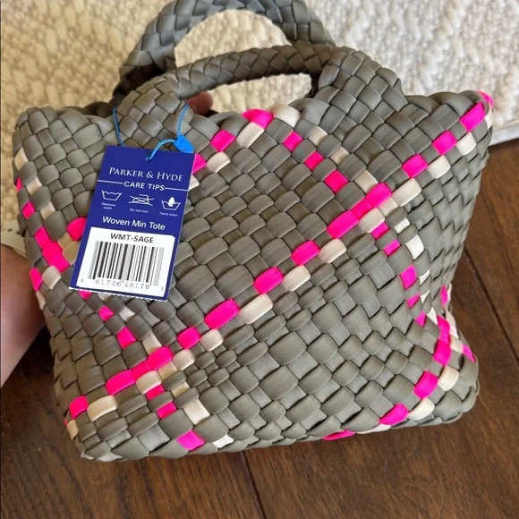 NWT - Parker & Hyde - Woven Mini Tote Bag - Sage Multi Pink - Picture 4 of 7